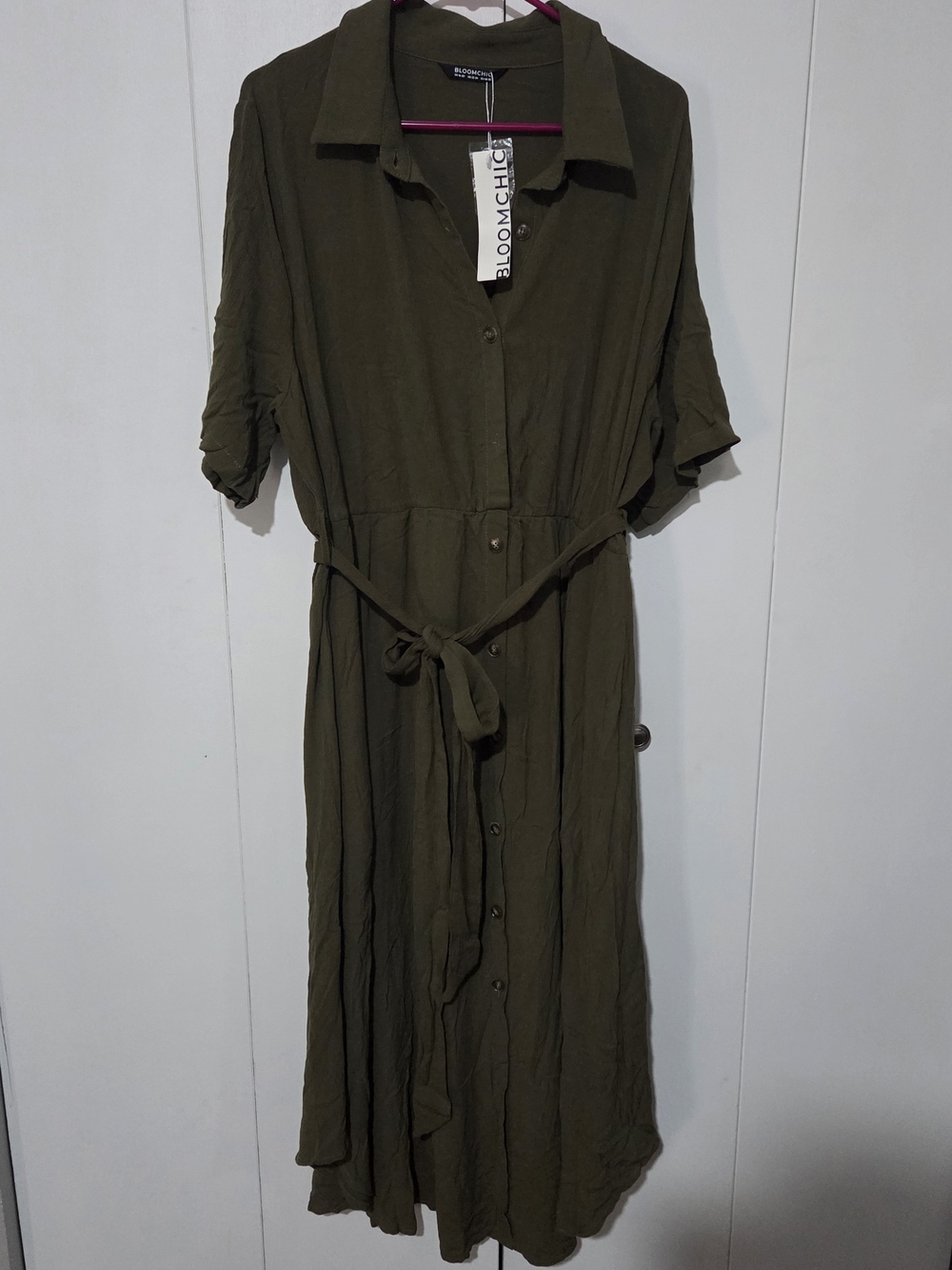 BloomChic Olive Green Short Sleeve Button Down Belted Midi Shirt Dress